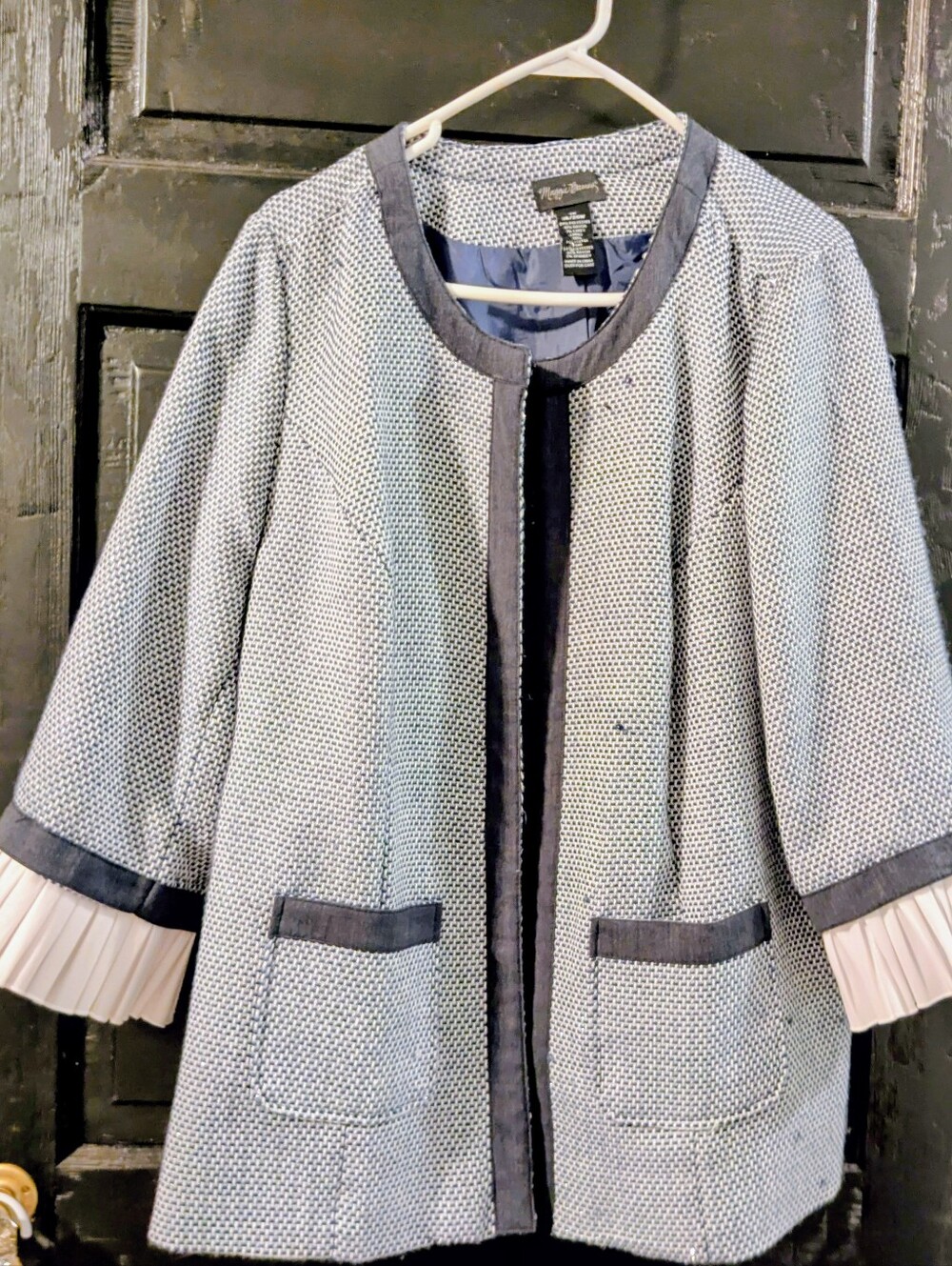 Maggie Barnes Light Blue & Navy Open-Front Textured Jacket - Picture 1 of 6